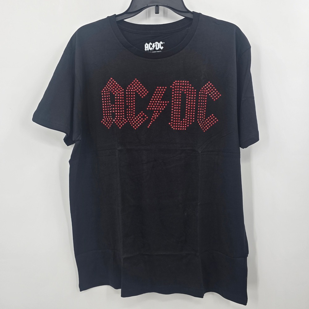AC/DC Band T-Shirt Mens Large Black Red Rhinestone Studded Logo Short Sleeve Tee